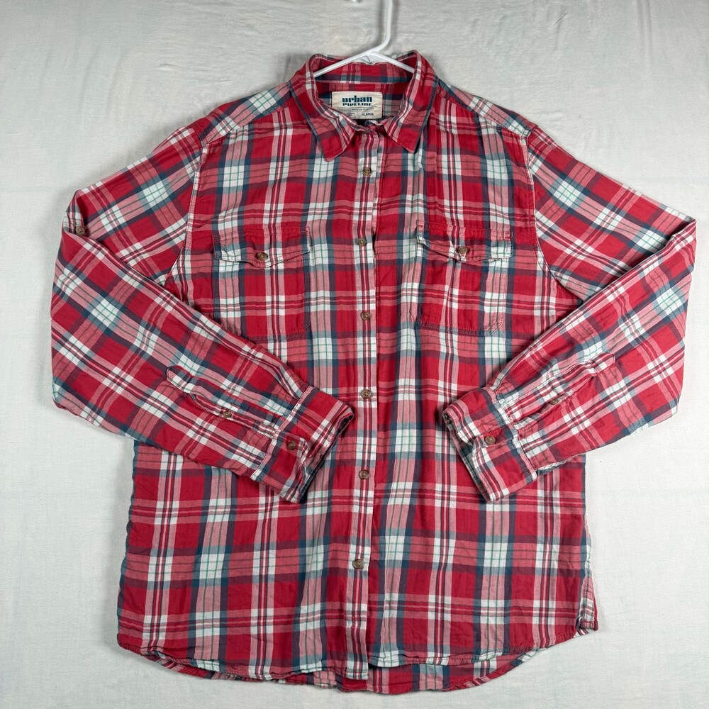 Urban Pipeline Red Plaid Roll Tab Sleeve Button Down Shirt Cabincore 90s Grunge